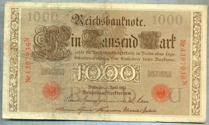 1757 BANCNOTA - GERMANIA - 1 000 MARK - anul 1910 -SERIA 4397936 -starea care se vede