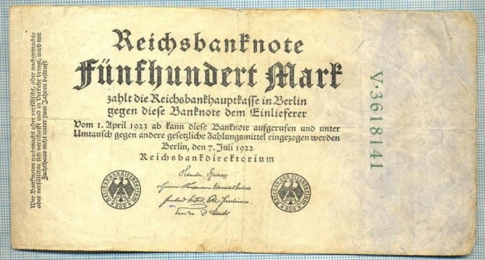 1776 BANCNOTA - GERMANIA - 500 MARK - anul 1922 -SERIA 3618141 -starea care se vede