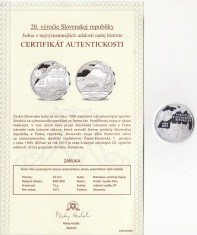 Medalie - Republica Slovaca - A 20-a Aniversare a Republicii Slovace - Proof - Argint foto