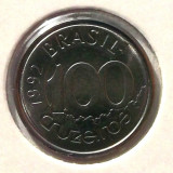 G4. BRAZILIA 100 CRUZEIROS 1992, 2.38 g., Stainless Steel, 18 mm UNC **, America Centrala si de Sud