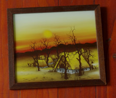 Tablou cu rama de lemn - pictura pe sticla - peisaj !!! foto