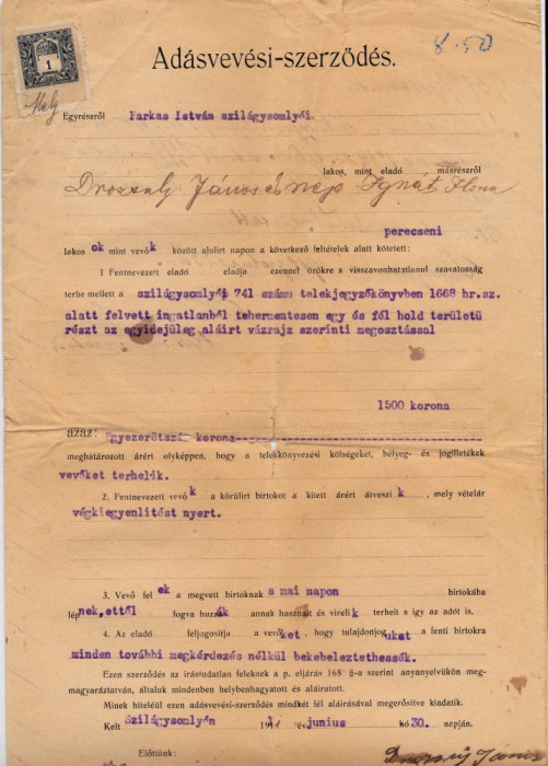 DOCUMENT 1911 PERICEI SALAJ CU TIMBRU FISCAL UNGARIA 4 pagini