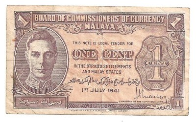 MALAYA 1 CENT 1941 Uzata foto