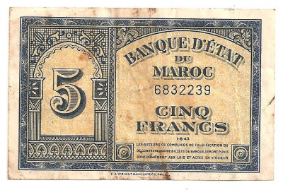 MAROC 5 FRANCI 1943 Uzata foto