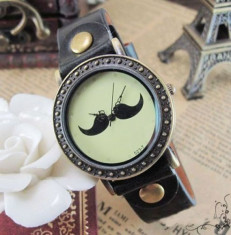 Ceas de mana Moustache Quartz (baterie inclusa)pentru femei,diametru cadran 3.6cm,lungime 24cm,bratara piele cadou ideal foto