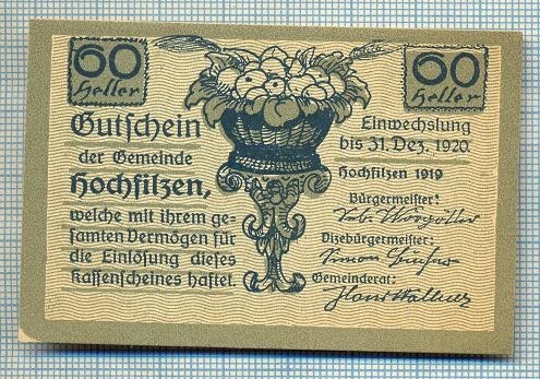 1885 BANCNOTA NOTGELD - AUSTRIA - 60 HELLER - anul 1920 -SERIA FARA -starea care se vede