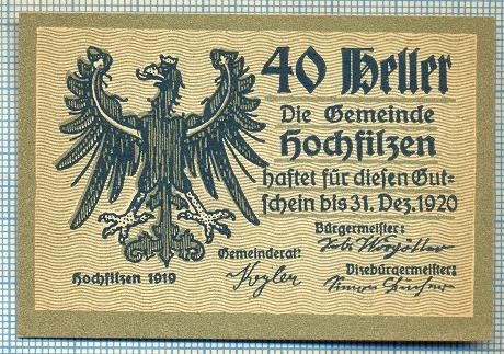 1868 BANCNOTA NOTGELD - AUSTRIA - 40 HELLER - anul 1920 -SERIA FARA -starea care se vede