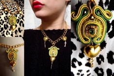 Colier Sabart verde elegant,realizat din snur soutache margele semipretioase si elemente aurii foto