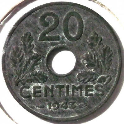 G4. FRANTA 20 CENTIMES 1943 ZINC in cartonas ** foto