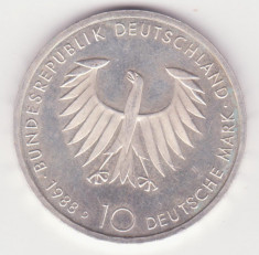 MONEDA DIN ARGINT GERMANIA - 10 MARK 1988 - LIT. D - JUBILIARA - GREUTATE 15.5 GR. - ARTHUR SCHOPENHAUER 1788-1860 foto