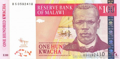 MALAWI █ bancnota █ 100 Kwacha █ 2011 █ P-54e █ UNC █ necirculata foto