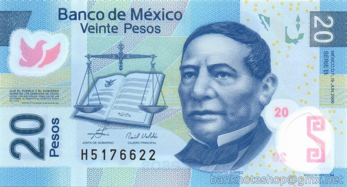 MEXIC █ bancnota █ 20 Pesos █ 2006 █ P-122a █ SERIE B █ POLYMER UNC necirculata