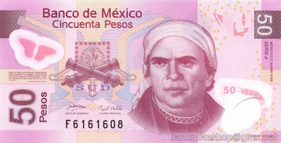 MEXIC █ bancnota █ 50 Pesos █ 2008 █ P-123 █ SERIE J █ POLYMER UNC necirculata foto