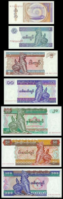 MYANMAR BURMA █ SET 50 Ps +1+5+10+20+50+100 Kyats █ 1994 P-68-74 UNC necirculata foto