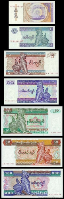 MYANMAR BURMA █ SET 50 Ps +1+5+10+20+50+100 Kyats █ 1994 P-68-74 UNC necirculata