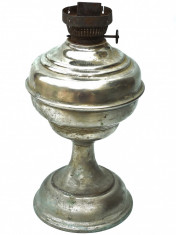AuX: Frumoasa LAMPA pe gaz / petrol, mare si veche, confectionata din alama argintata cu arzator de fier, necesita sticla si fitil, marcaj pe rotita! foto