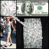 FUSTA ELASTICA MIDI IMPRIMEU DOLARI AMERICANI HARTII 100$ USD MILEY CYRUS, Creion, Poliester