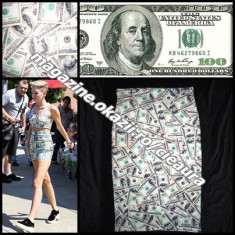 FUSTA ELASTICA MIDI IMPRIMEU DOLARI AMERICANI HARTII 100$ USD MILEY CYRUS