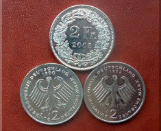 Colectie RF Germania + Elvetia: Lot Monede Diferite 2 Marci si 2 Franci = a.UNC foto