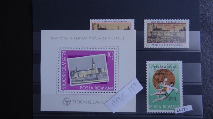 M723 expozitia internationala Stockolm+ziua marcii+expozitia filatelica nat 1974