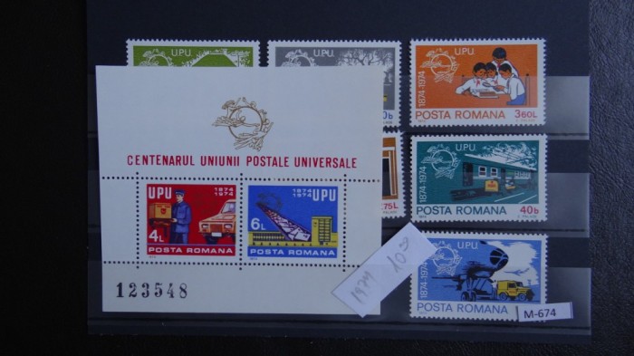 M674-centenarul uniunii postale universale-1974-serie+colita-guma originala