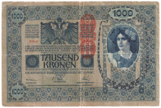 Austria Ungaria 1000 Korona Krone Coroane cu supratipar( DEUTSCHOSTERREICH) 1902 U foto