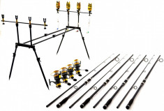 Kit Complet Pescuit Crap Rod Pod Full Echipat Cu Avertizori Si Swingeri Lansete HAKUYO Adoance 3,6m Si Mulinete Diamant 8 Rulmenti Si Bite Runner foto