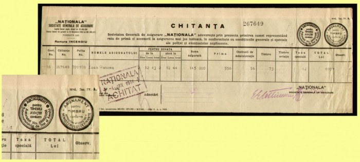 Romania 1944 - Chitanta cu 2 fiscale fixe ABONAMENT pentru TIMBRU si AVIATIE