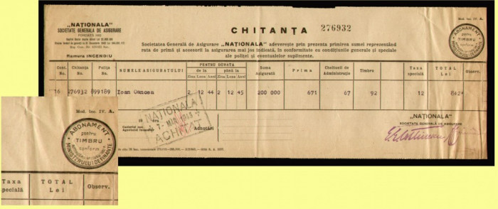 Romania 1945 - Chitanta cu fiscal fix tip III stampila ABONAMENT pentru TIMBRU