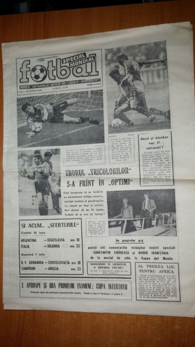 ziarul fotbal 29 iunie 1990-echipa noastra de fotbal a fost eliminata in optimi