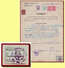 Romania 1948 - Certificat fiscal local Taxa Comunala Cluj 60 Lei + 5 fiscale RPR foto