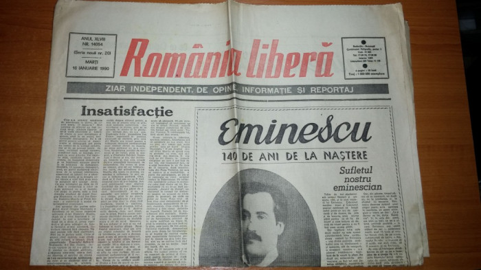 ziarul romania libera 16 ianuarie 1990-140 de ani de la nasterea lui eminescu