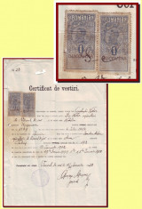 Romania 1920 - Certificat cu 2 timbre fiscale Ferdinand 1L supratipar BUCOVINA foto