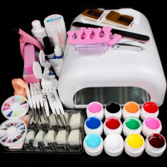 Kit set complet unghii false geluri color manichiura gel constructie lampa uv+ CADOU foto