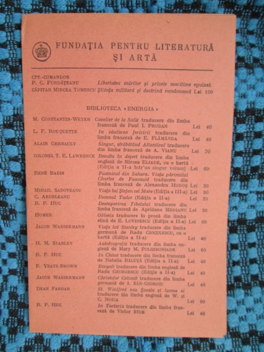 CATALOG FUNDATIA PENTRU LITERATURA SI ARTA (1940 - ca nou!!!)