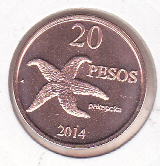 bnk mnd Insula Pastelui 20 pesos 2014 unc , fauna marina