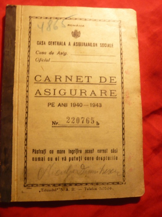 Carnet de Asigurare 1940-1943 cu 9 timbre fiscale