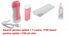 kit pentru epilat cu ceara de unica folosinta roz, incalzitor, ulei si hartie foto