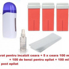 kit epilat cu 5 ceara roz de unica folosinta, incalzitor, ulei, hartie de epilat