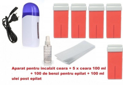 kit epilat cu 5 ceara roz de unica folosinta, incalzitor, ulei, hartie de epilat foto