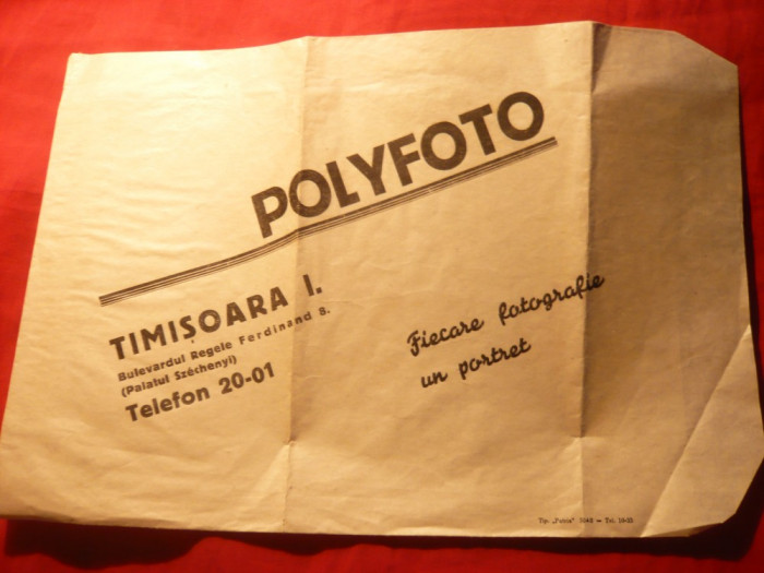 Plic Reclama Polyfoto Timisoara - interbelic, 29,5 x 20 cm