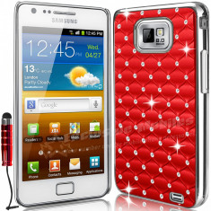 Husa Plastic Dur+Stylus+Folie Protectie Ecran-CHROME DESIGN DIAMANTE BLING- Rosu- Samsung Galaxy S2 II I9100- S2 Plus i9105 foto