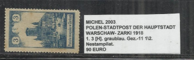 POLONIA - 1. 3[H].GRAUBLAU.GEZ.-11 1\2 - NESTAMPILAT foto