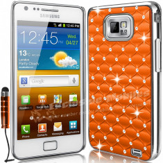 Husa Plastic Dur+Stylus+Folie Protectie Ecran-CHROME DESIGN DIAMANTE BLING- Portocaliu- Samsung Galaxy S2 II I9100- S2 Plus i9105 foto