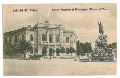 246 - TULCEA, Palatul Pescariilor, statue Mircea cel Batran - old PC - unused foto
