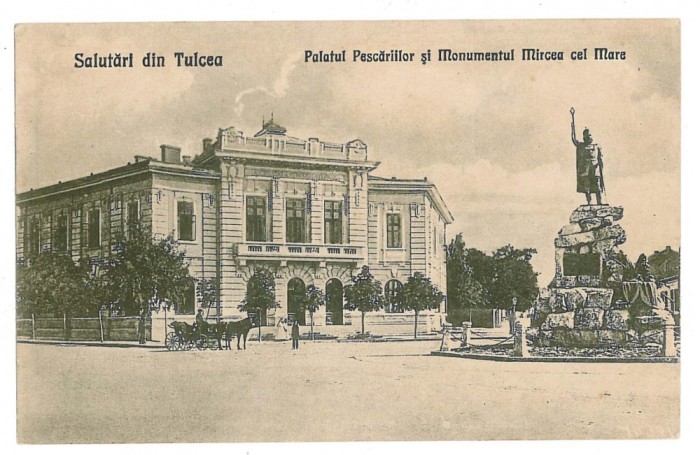 246 - TULCEA, Palatul Pescariilor, statue Mircea cel Batran - old PC - unused