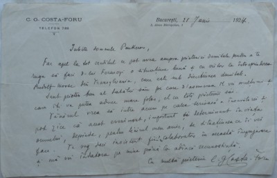 Scrisoare olografa a lui C-tin Costa Foru, 1924, aroman, Cercetasii Romaniei foto