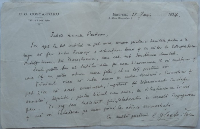 Scrisoare olografa a lui C-tin Costa Foru, 1924, aroman, Cercetasii Romaniei