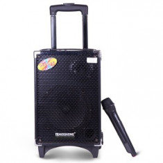 BOXA PROFESIONALA AMPLIFICATA KARAOKE CU ACUMULATOR,MIXER,MP3 PLAYER,TROLLER CU ROTI+MICROFON WIRELESS BONUS! foto