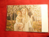 Ilustrata Religioasa- Fecioara Maria cu Pruncul, interbelica ,timbrul culturii si 4 lei Carol, Circulata